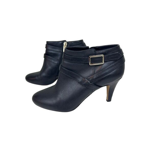 Vince Camuto Women’s 7.5M Black Leather Ankle Booties Zip Buckle Strap Heel - Picture 4 of 12
